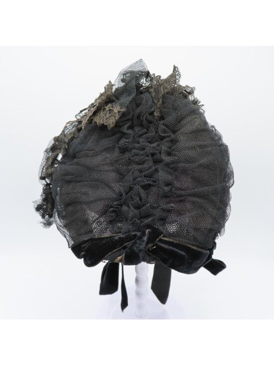 Womens One Size Mourning Hat Late 1800s Lace Netting Beaded Leaves Velvet Tie main image 11